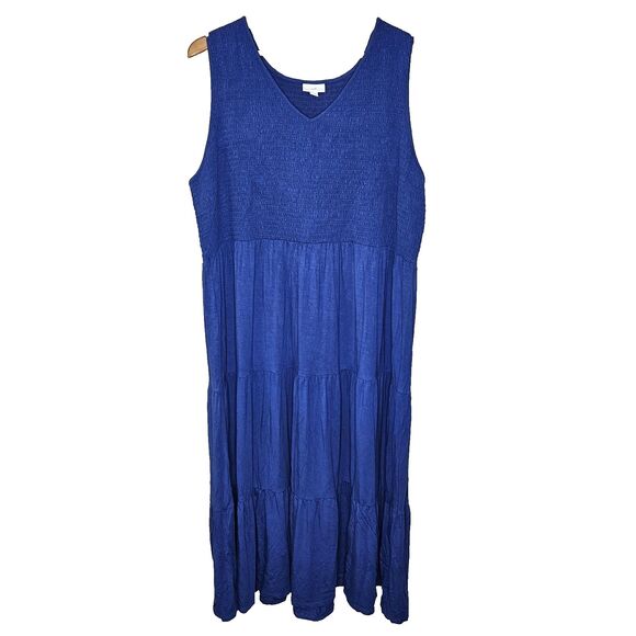 J. Jill Blue Smocked Tiered Maxi Dress  Sleeveless Stretch Glitter Size 2X Plus - Picture 1 of 7